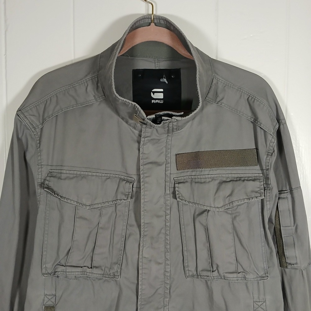 G-Star RAW Mens Grey Military Field Jacket Utility Cargo Multi-Pocket Coat XL